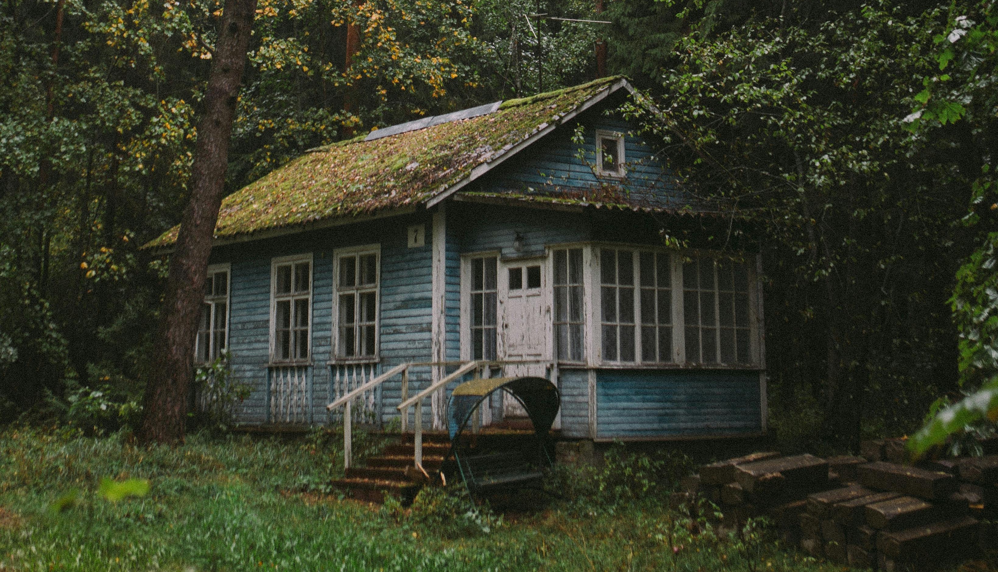 An old, weathered wooden house surrounded by trees, with a mossy roof and visible signs of vacancy and neglect.