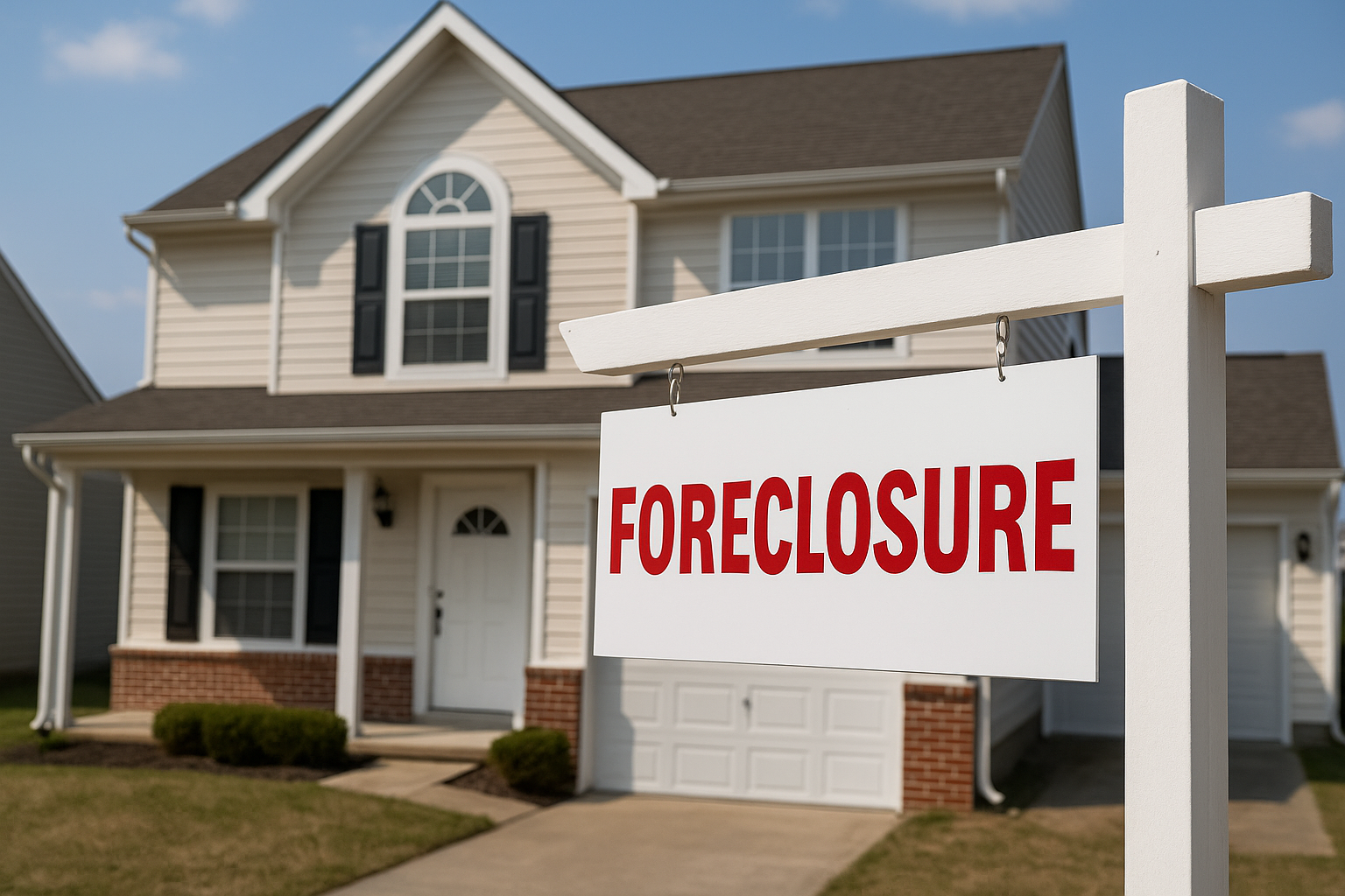 A two-story suburban house with a red “FORECLOSURE” sign posted in the yard, symbolizing urgency and distress.